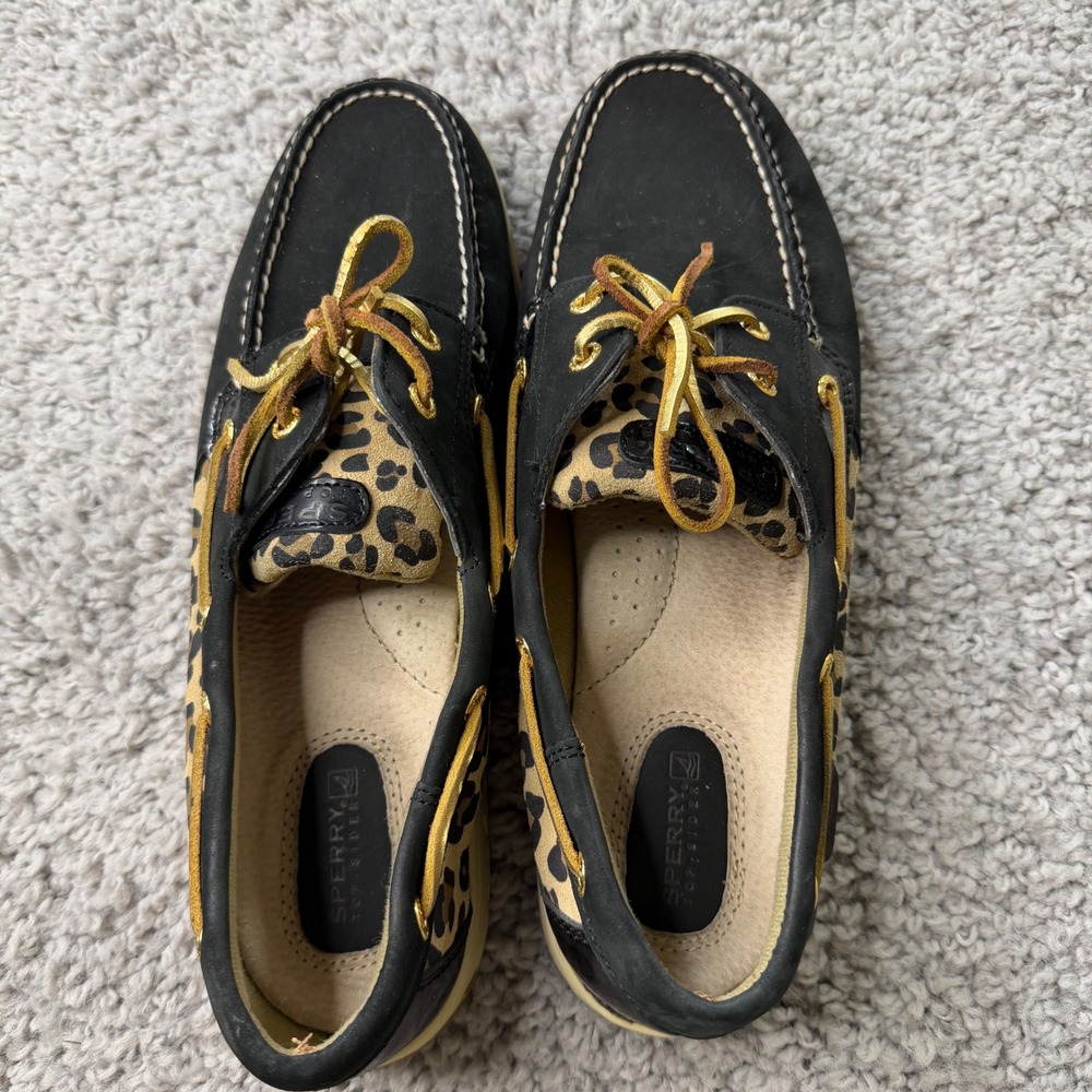 Sperry Top-Sider Womens Black Leopard Print Leather Boat Shoes 12M 9174715